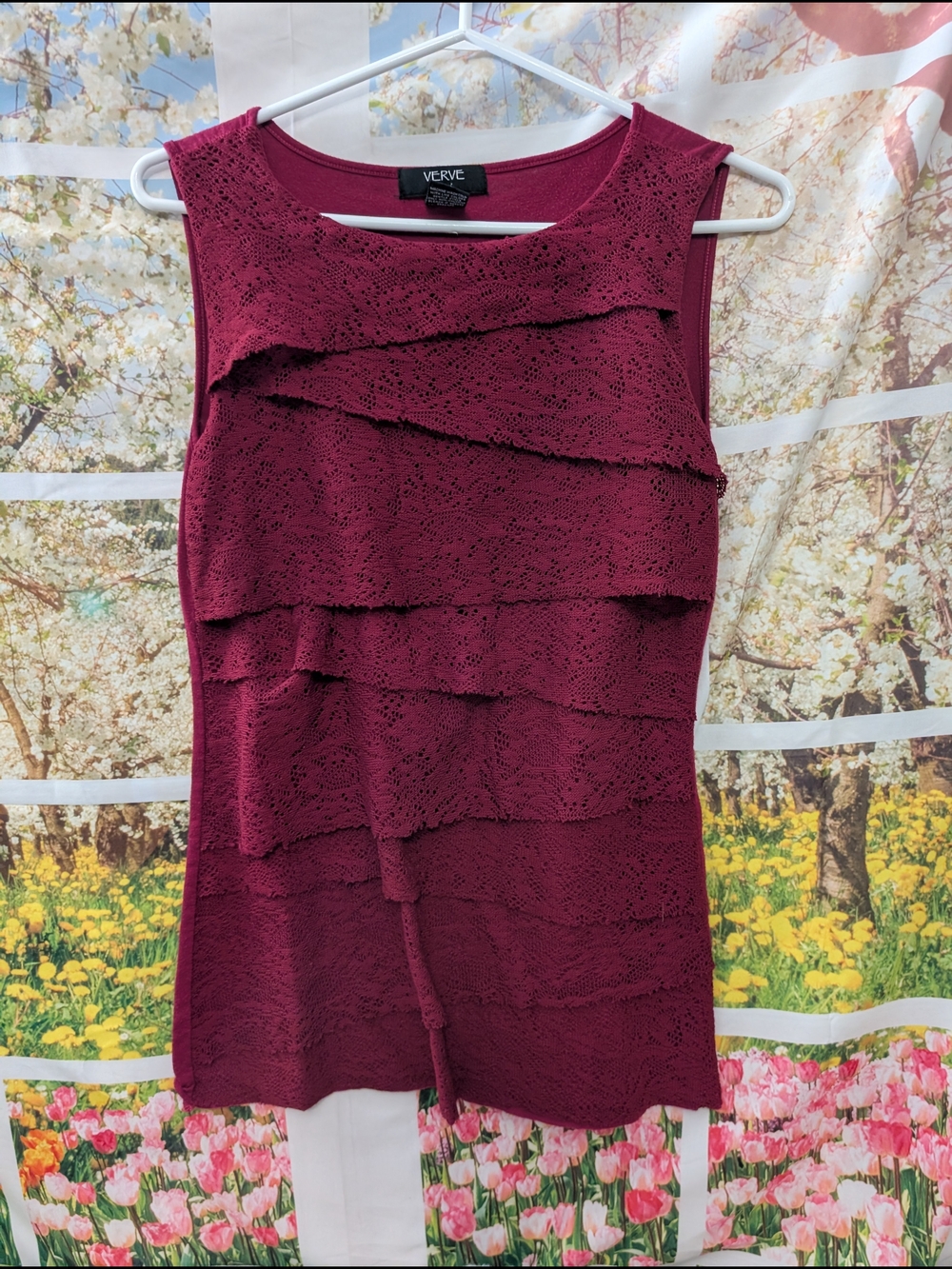 Verve Women's Sleeveless Ruffle Lace Tank Top - Burgundy